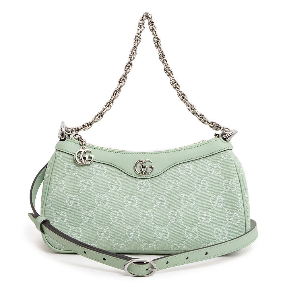 GUCCI Ophidia GG Denim Leather Pale Green Chain Shoulder Handbag